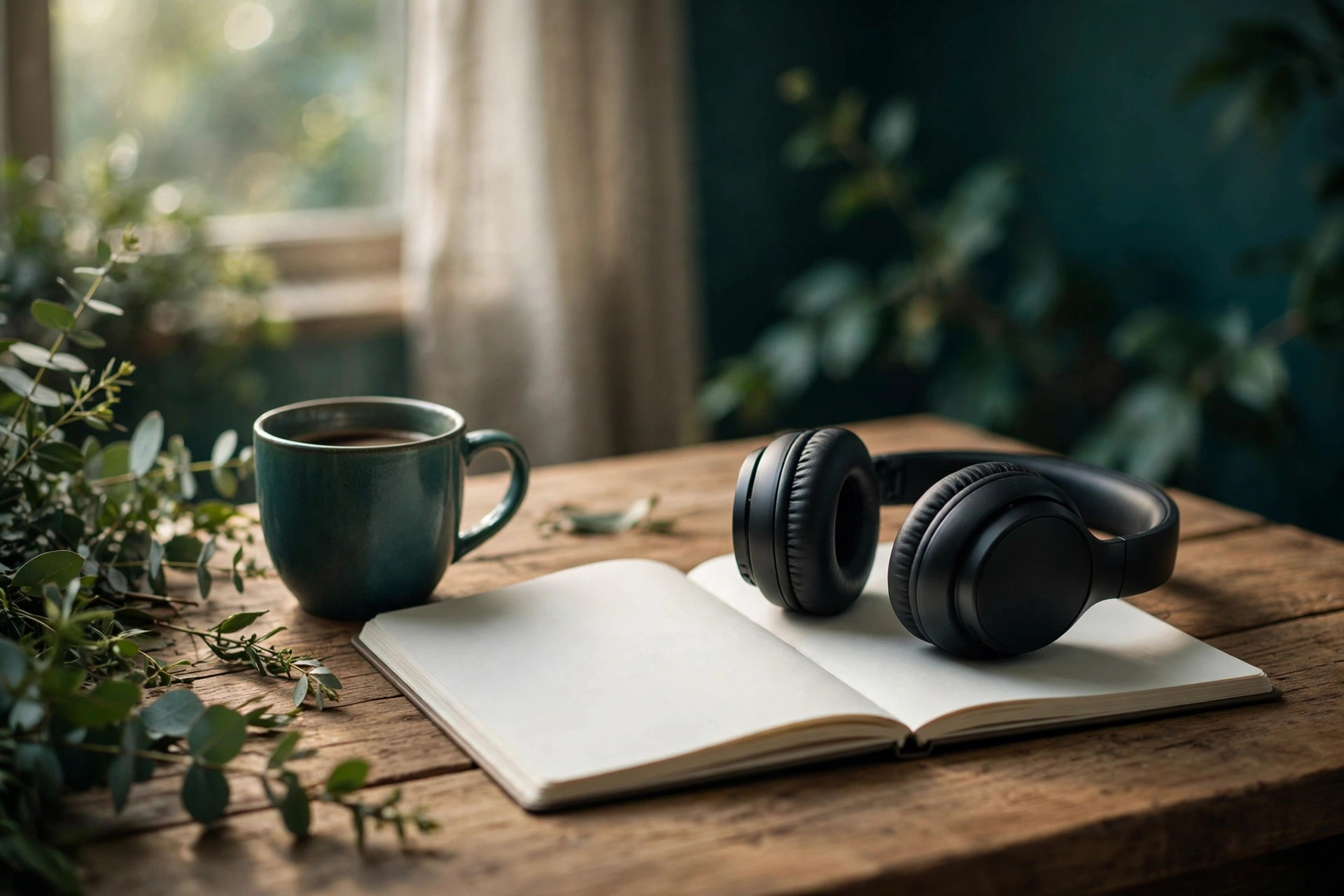 Headphones resting on an open notebook in soft morning light